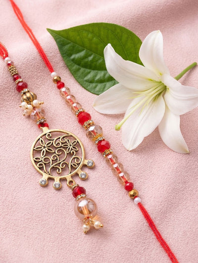 Indyancart Set Of 2 Gold Toned Artificial Stones & Beads Bhaiya Bhabhi Rakhi With Roli Chawal