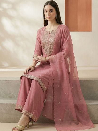 Indyancart IE Women Ethnic Motifs Embroidered Regular Thread Work Kurta with Palazzos & With Dupatta