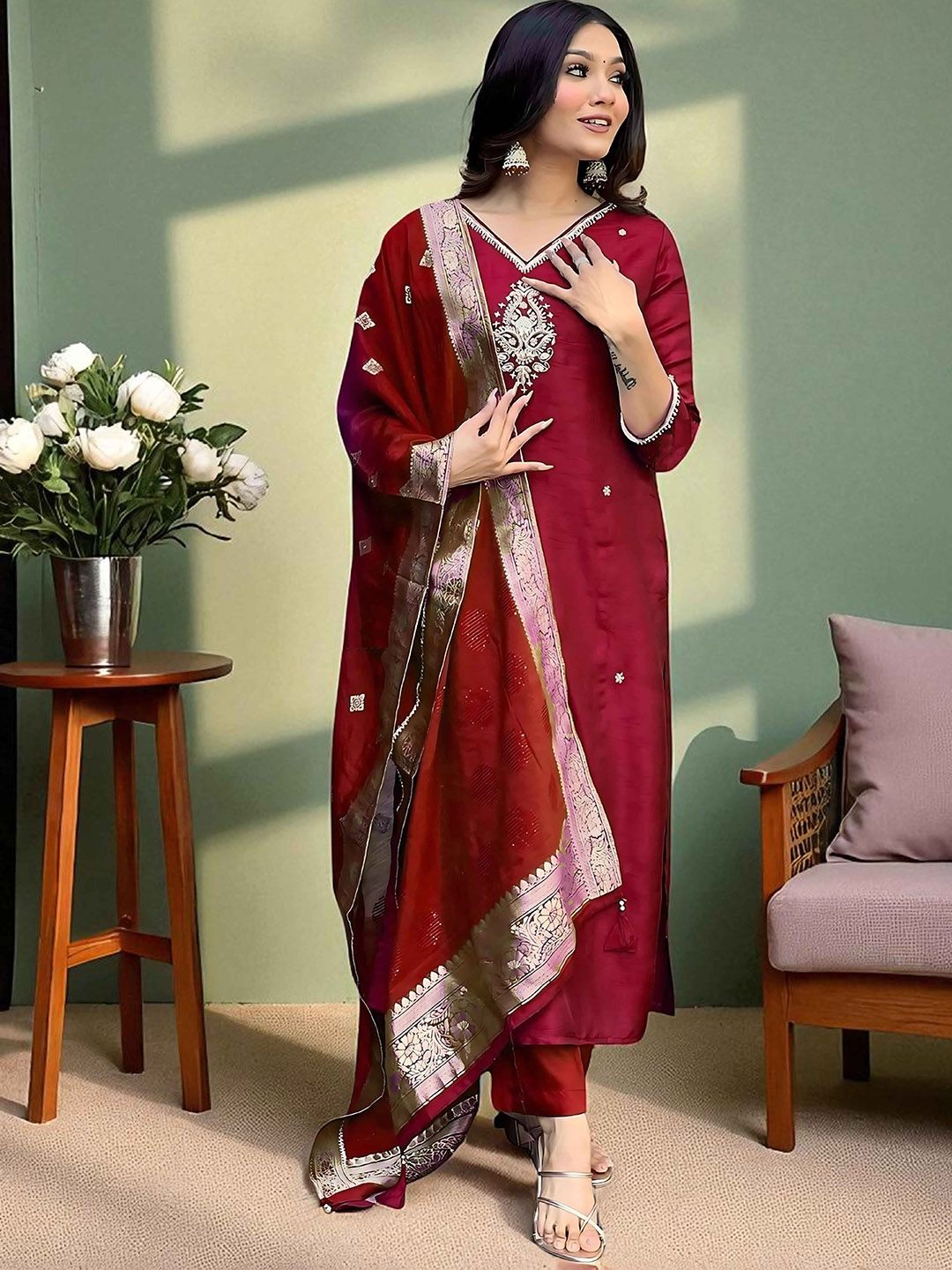 Indyancart SN Women's Embroidered Pure Cotton Straight Kurta Pyjama & Dupatta Kurta Set
