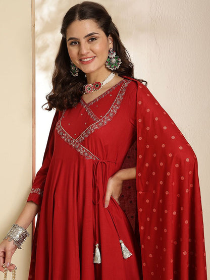 Indyancart SN Women's Embroidered V-Neck Anarkali Kurta With Trouser & Dupatta