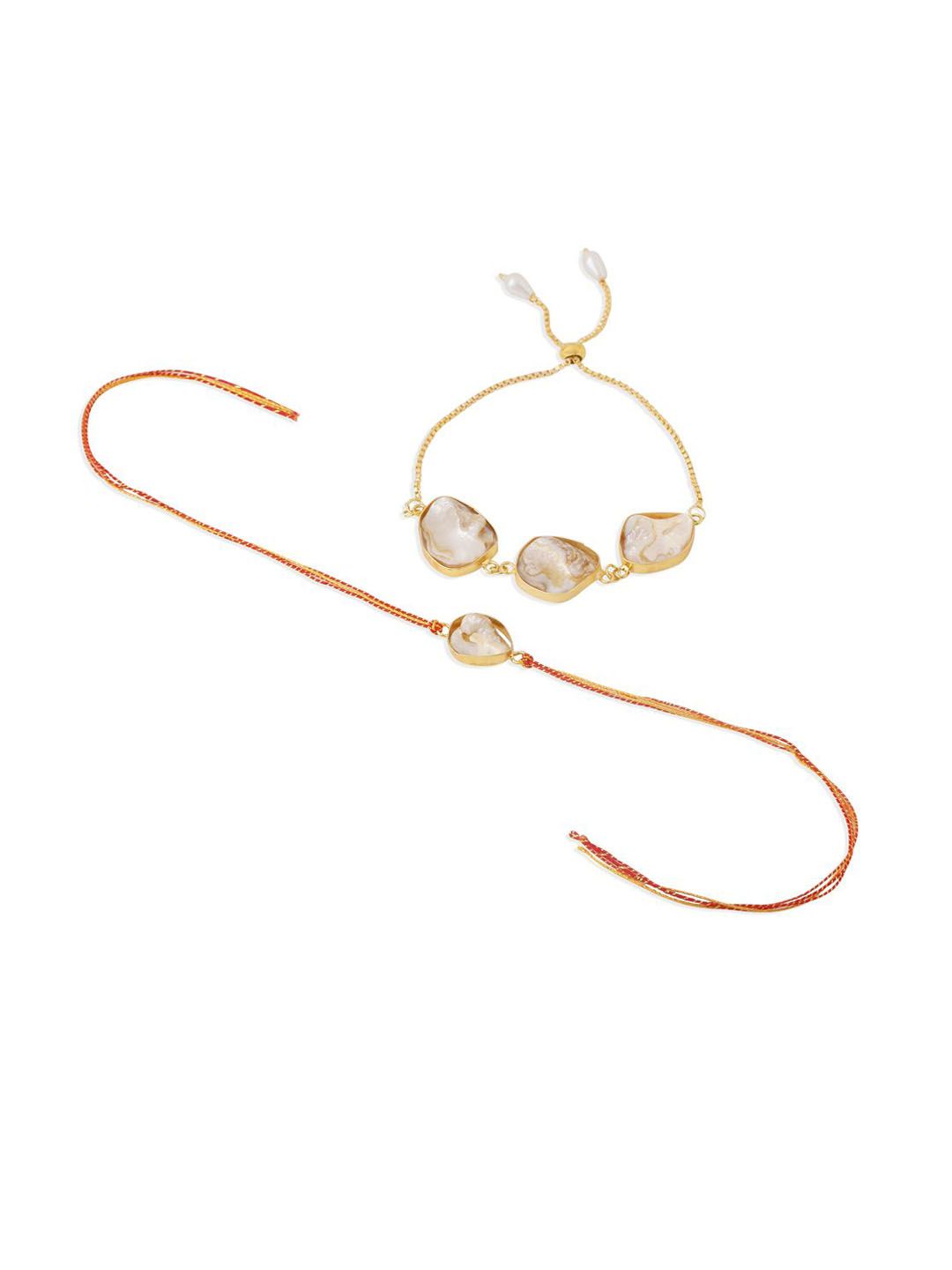 Anouk Set Of 2 Gold Toned Pearls Bhaiya Bhabhi Rakhi With Roli Chawal Chandan Mishri