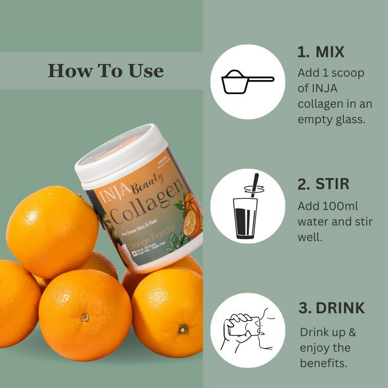 Inja Beauty Collagen skin supplement bottle with orange-flavored chewables, featuring biotin, vitamin C, and glutathione for hair, skin, and nails.