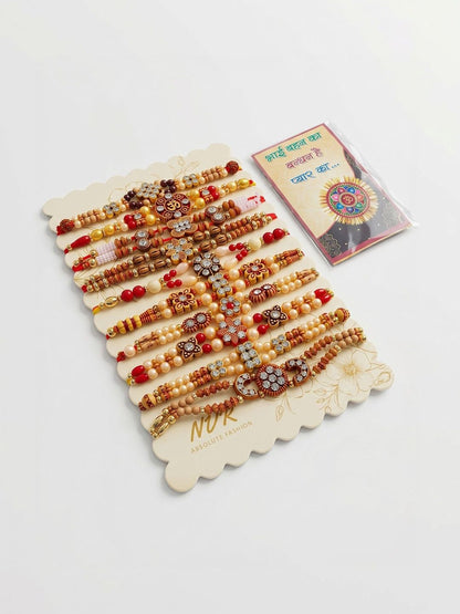 Anouk Set Of 10 Multicolor Designer Thread Rakhi With Roli Chawal Chandan Mishri