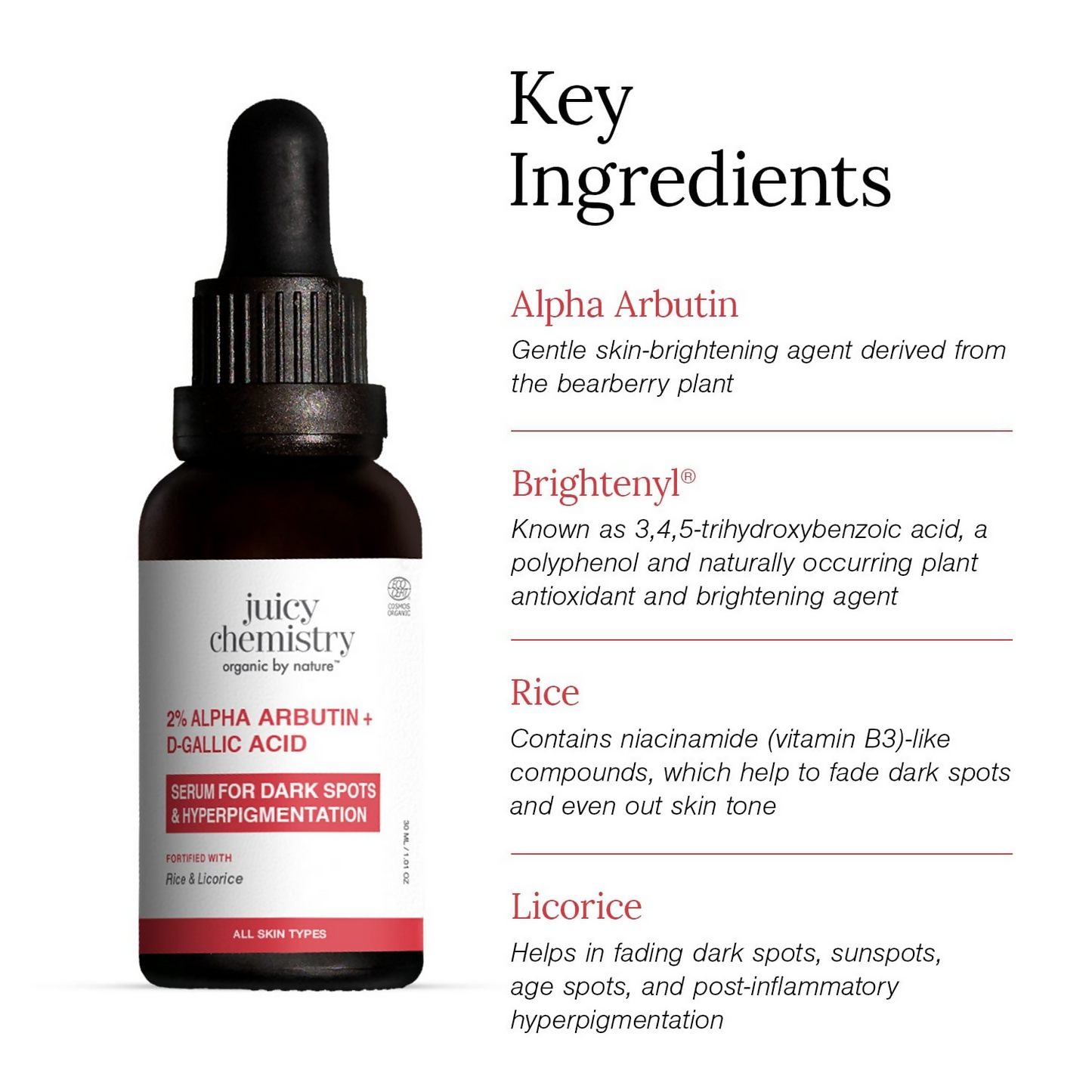 Juicy Chemistry 2% Alpha Arbutin and D-Gallic Acid face serum in a glass dropper bottle, designed for brightening and skin clarity.