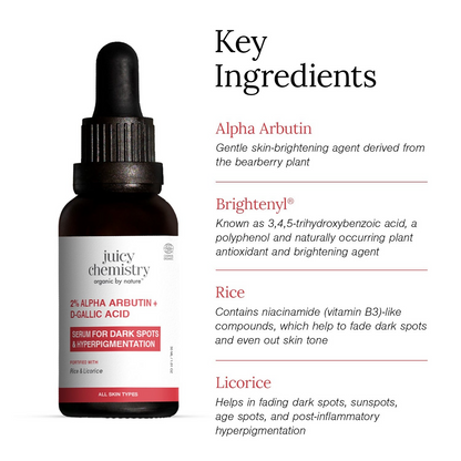 Juicy Chemistry 2% Alpha Arbutin and D-Gallic Acid face serum in a glass dropper bottle, designed for brightening and skin clarity.