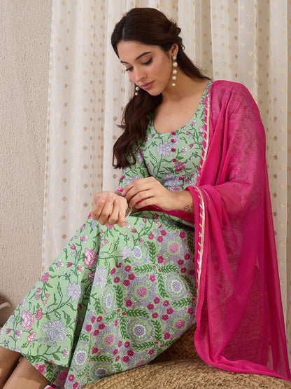 Women Floral Printed Panelled Pure Cotton Kurta with Trousers & With Dupatta