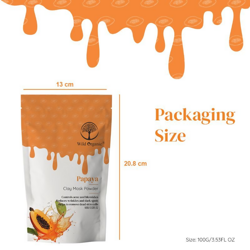 Wild Organic Papaya Clay Mask powder in a jar, natural face mask with organic ingredients for skin detox and revitalization.