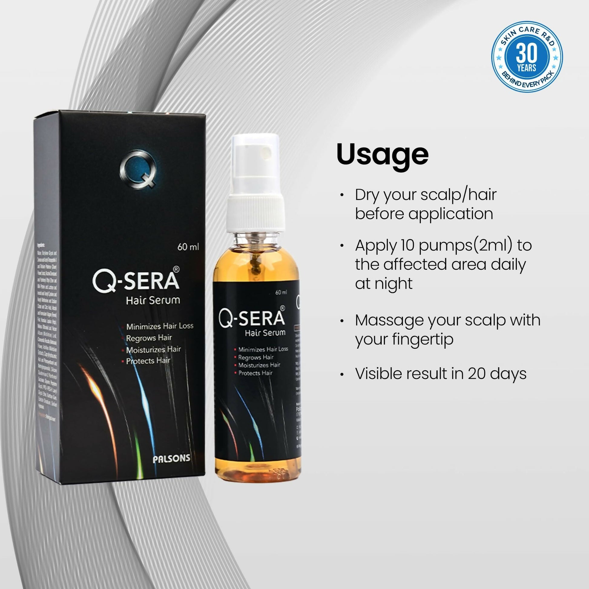 QSERA hair serum bottle for hair fall control, with a sleek design and dropper applicator, on a white background.
