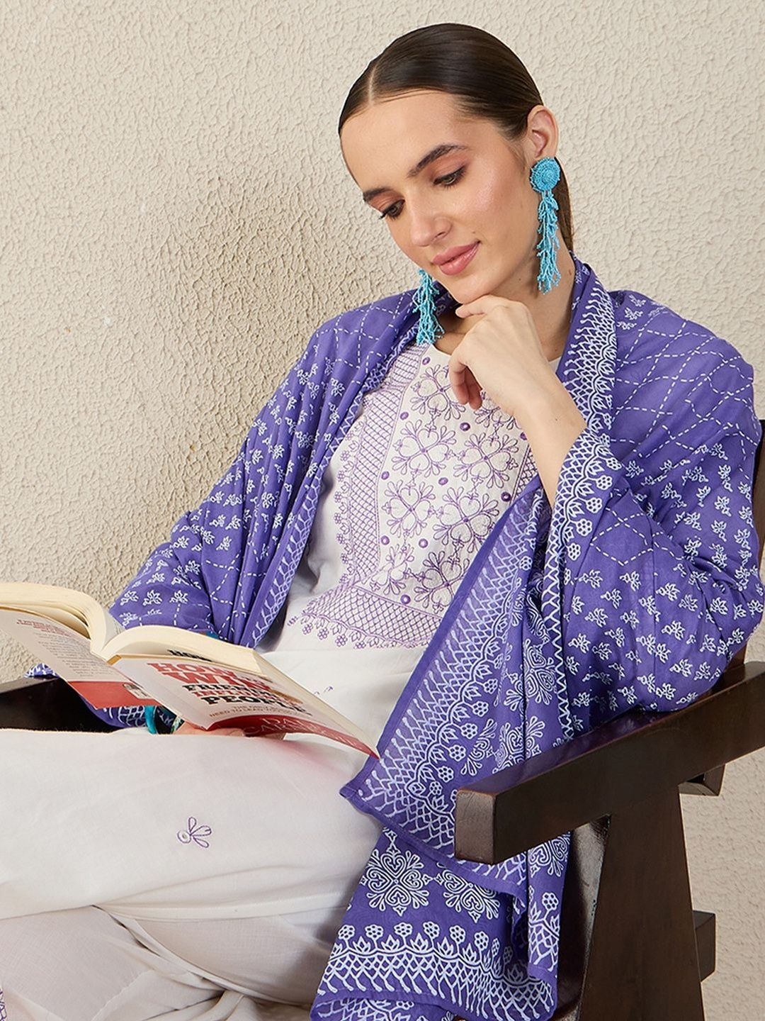 Ethnic Motifs Embroidered Thread Work Pure Cotton Kurta With Trousers & Dupatta