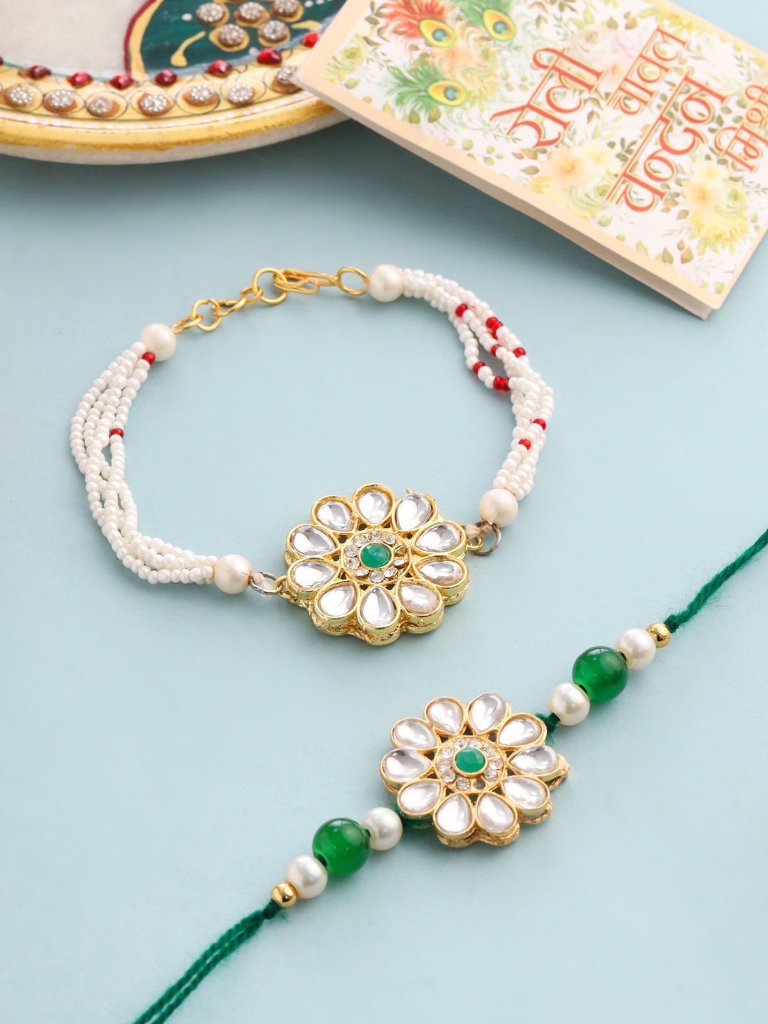 Anouk Set Of 2 Kundan Floral Design Gold Toned Bhaiya Bhabhi Rakhi Set With Roli Chawal