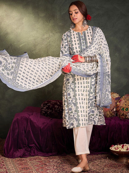 Women Ethnic Motifs Printed Panelled Pure Cotton Kurta with Trousers & With Dupatta