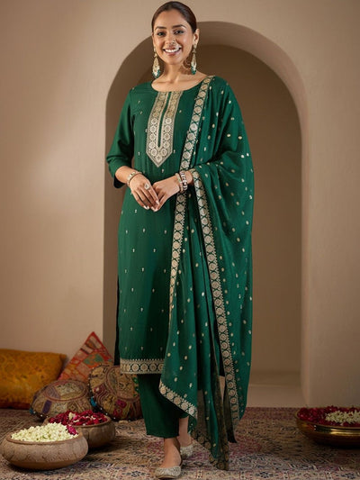 Indyancart IE Ethnic Motifs Embroidered Straight Thread Work Kurta With Trousers & Dupatta