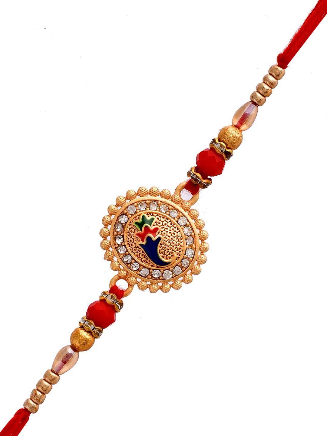 Anouk Gold-Toned Stone-Studded & Beaded Rakhi With Roli Chawal & Greeting Card