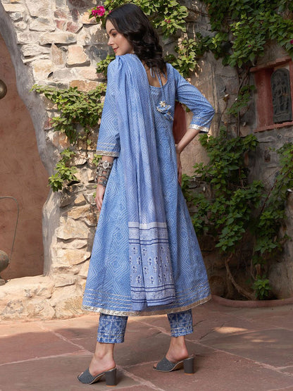 Indyancart SN Women's Blue Bandhani Printed V Neck Pure Cotton Anarkali Kurta With Trouser And Dupatta