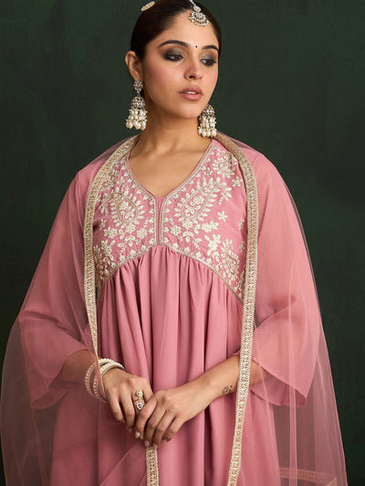 Indyancart IE Mauve Paisley Embroidered V-Neck Georgette A-Line Kurta with Trousers & Dupatta
