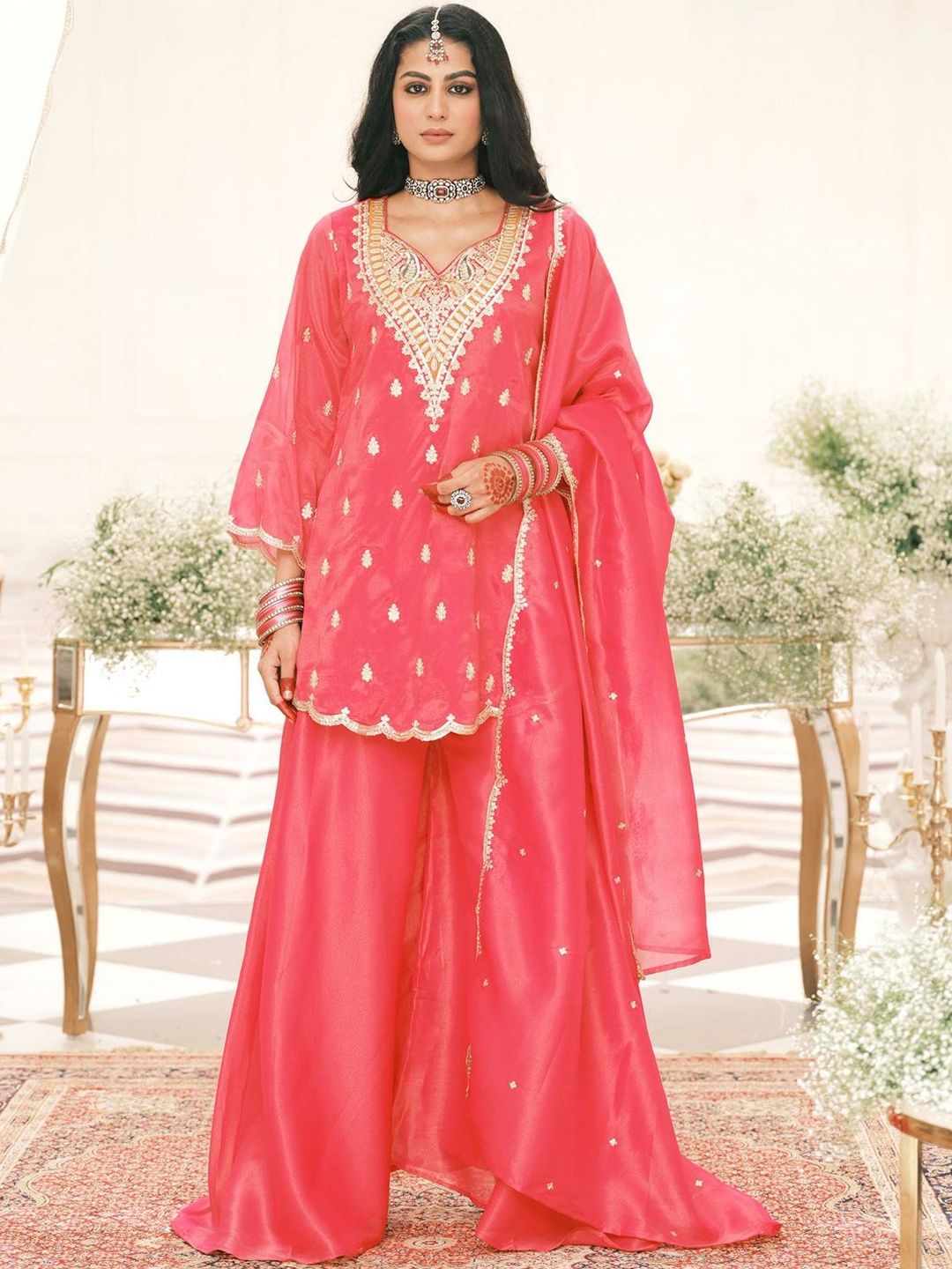 Ethnic Motifs Embroidered V-Neck Thread Work Kurta With Palazzos & Dupatta