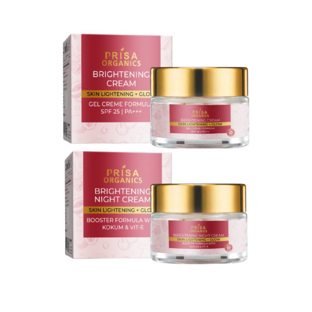 Prisa Organics Brightening Day Cream SPF 25 PA+++ and Night Cream duo shown in white jars with blue and pink accents