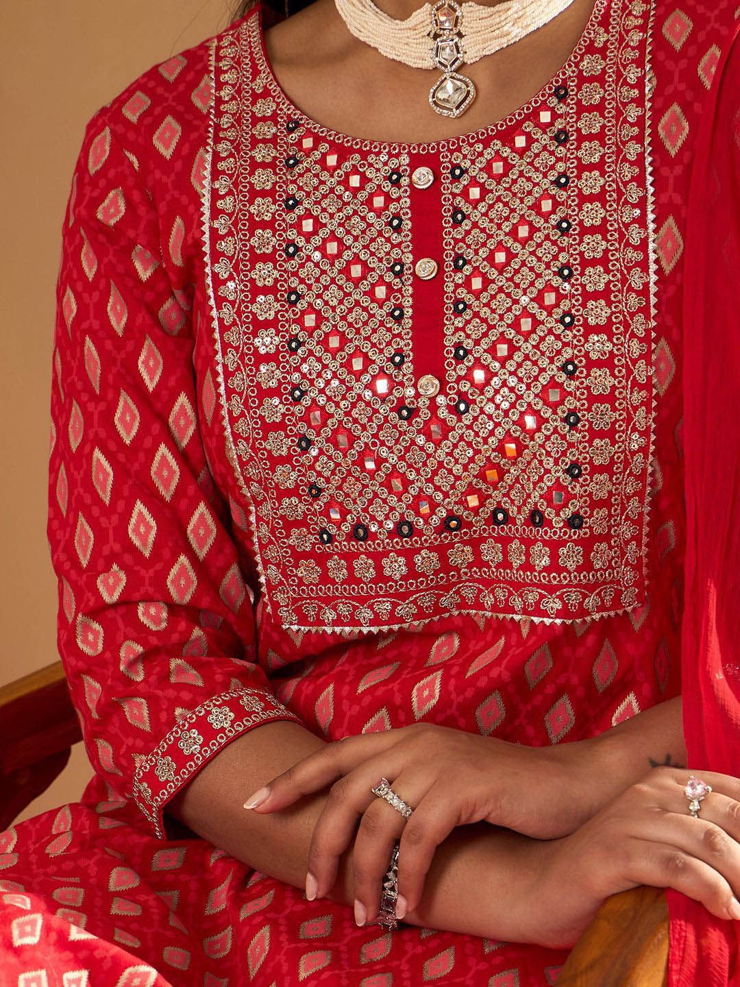 Indyancart IE Floral Printed Mirror Work Straight Kurta With Trousers & Dupatta