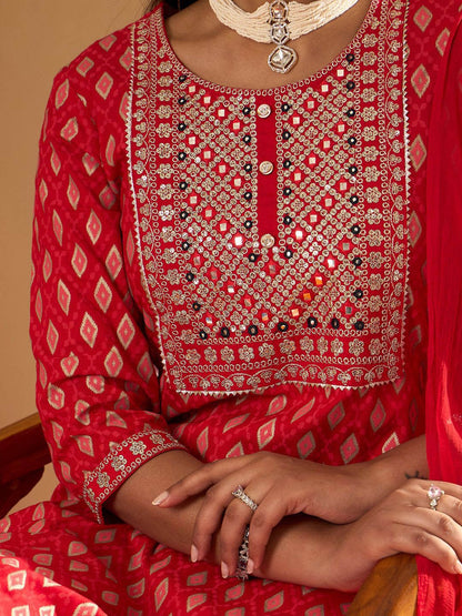 Indyancart IE Floral Printed Mirror Work Straight Kurta With Trousers & Dupatta