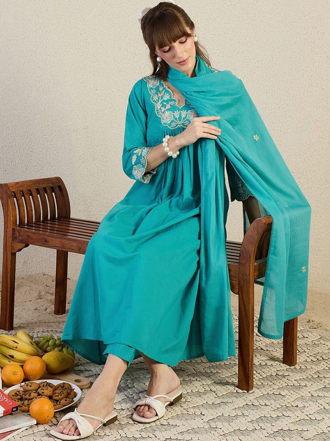 Women Ethnic Motifs Embroidered Panelled Thread Work Pure Cotton Kurta with Trousers & With Dupatta