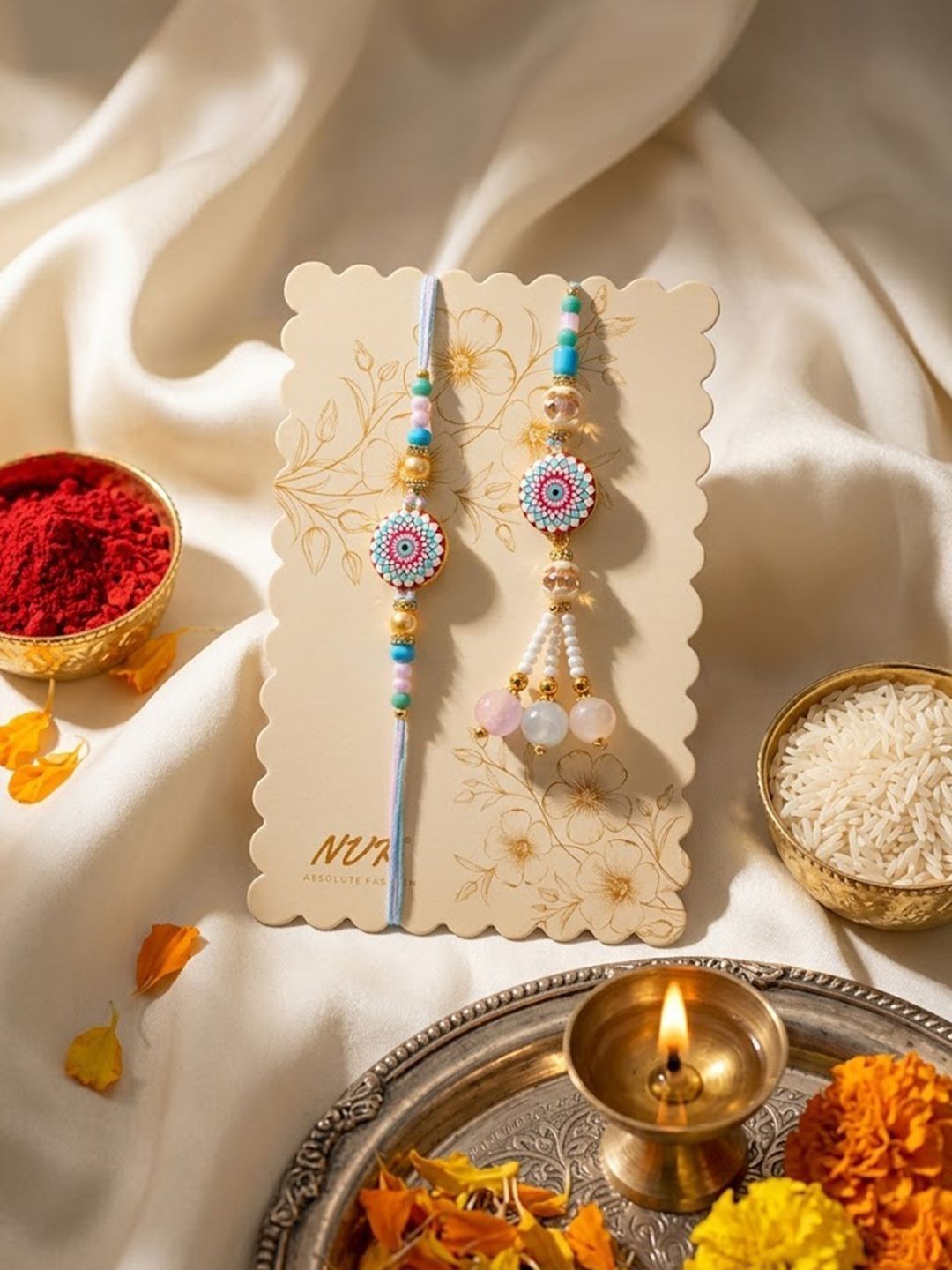 Anouk Set Of 2 Floral Design Bhaiya Bhabhi Rakhi With Roli Chawal Chandan Mishri