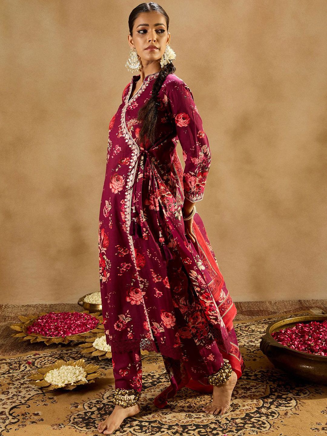 Indyancart IE Floral Printed Angrakha Mirror Work Pure Cotton Kurta With Trousers & Dupatta