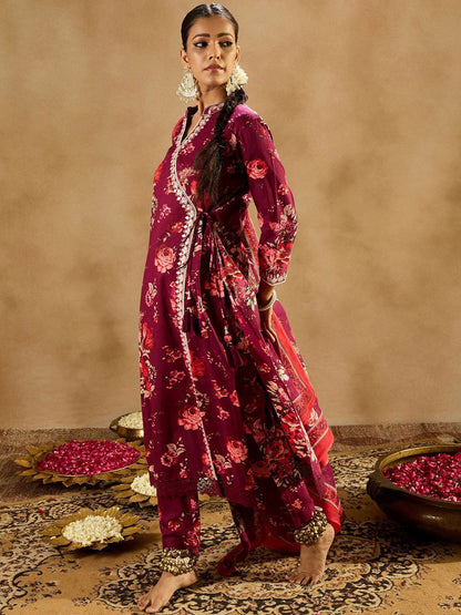 Indyancart IE Floral Printed Angrakha Mirror Work Pure Cotton Kurta With Trousers & Dupatta