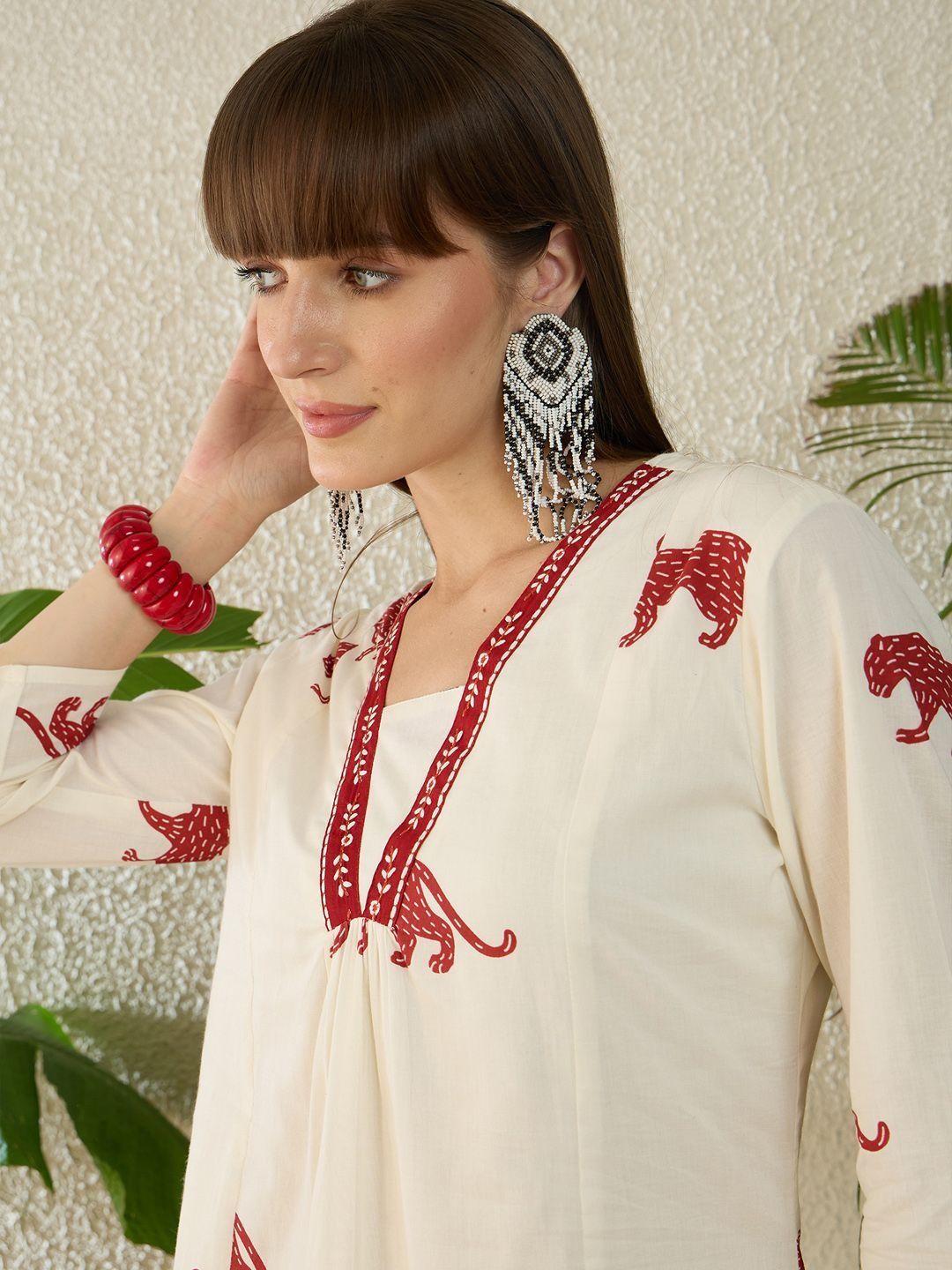 Animal Printed Pure Cotton A Line Kurta With Trousers