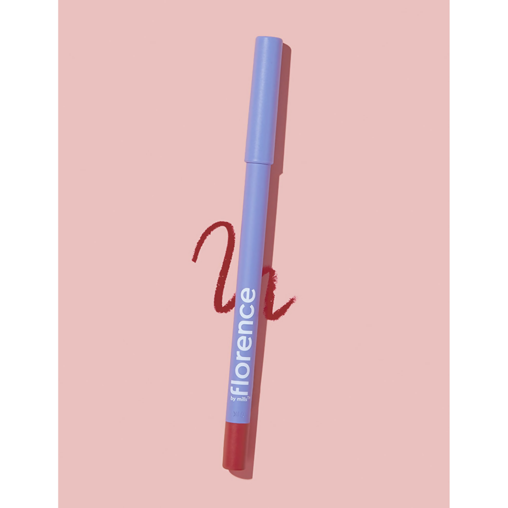 Florence by Mills Mark My Words Lip Liner in Bold Berry, showcasing the deep berry-colored lip liner on a neutral background.