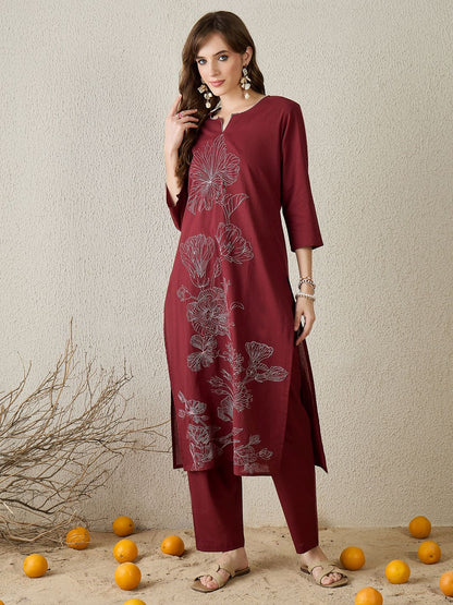 Women Floral Embroidered Thread Work Pure Cotton Kurta with Trousers