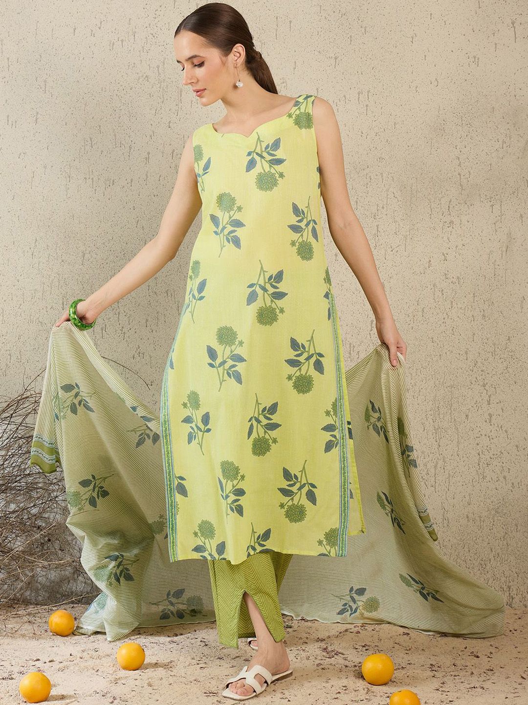 Women Floral Printed Pure Cotton Kurta with Trouser & Dupatta