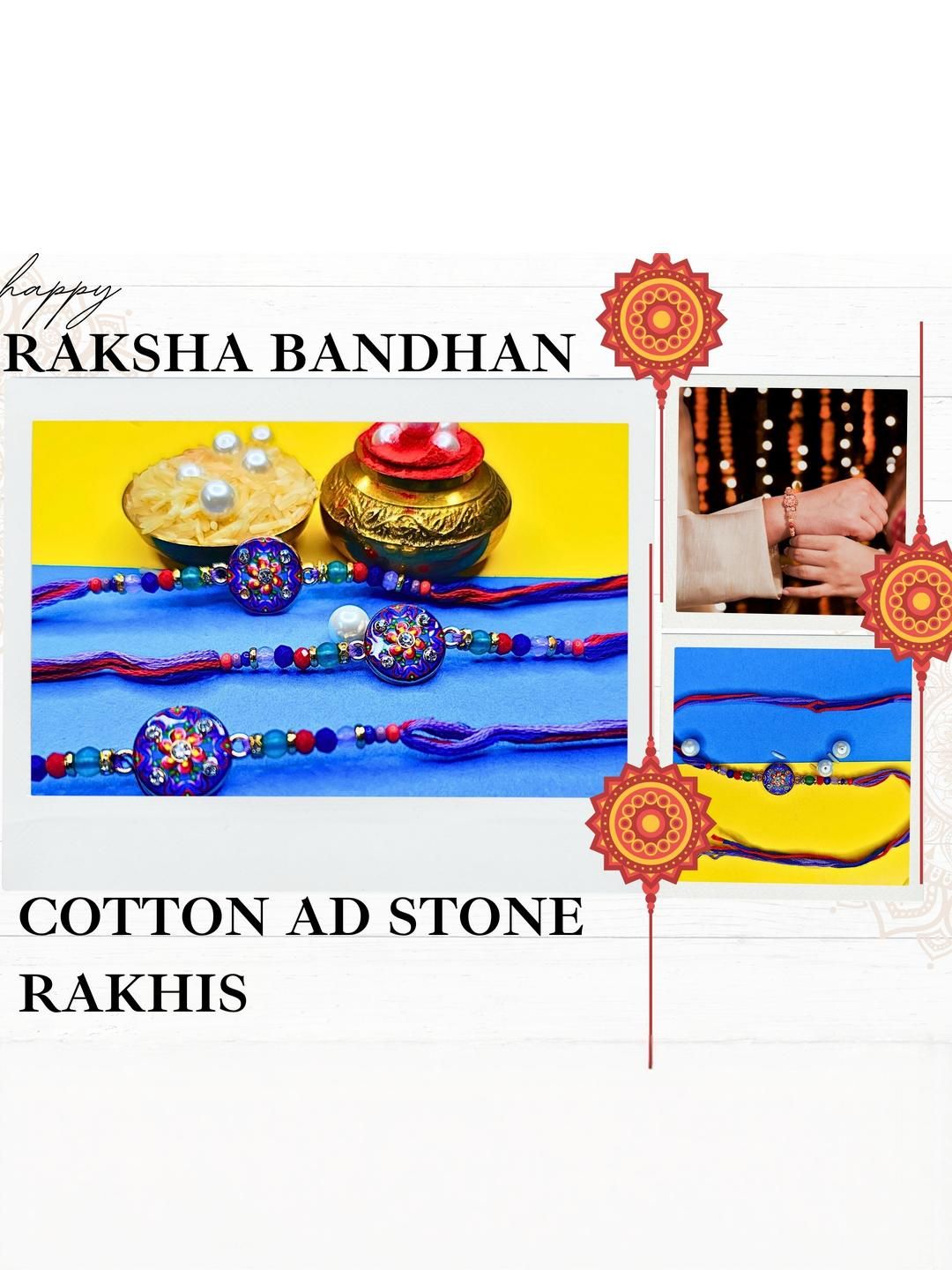 Anouk Set Of 3 Beaded Cotton Thread with AD Stones & Meenakari Designer Rakhi for Brother