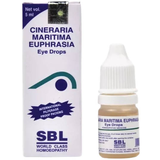 SBL Homeopathy Cineraria Maritima Euphrasia eye drops in a small glass bottle with a dropper lid, designed for eye relief.