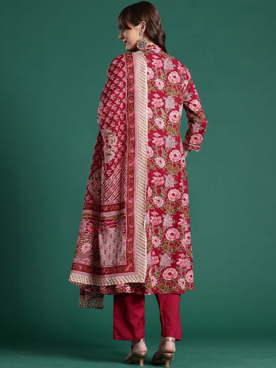 Indyancart IE Women Floral Printed Angrakha Pure Cotton Kurta with Trousers & With Dupatta