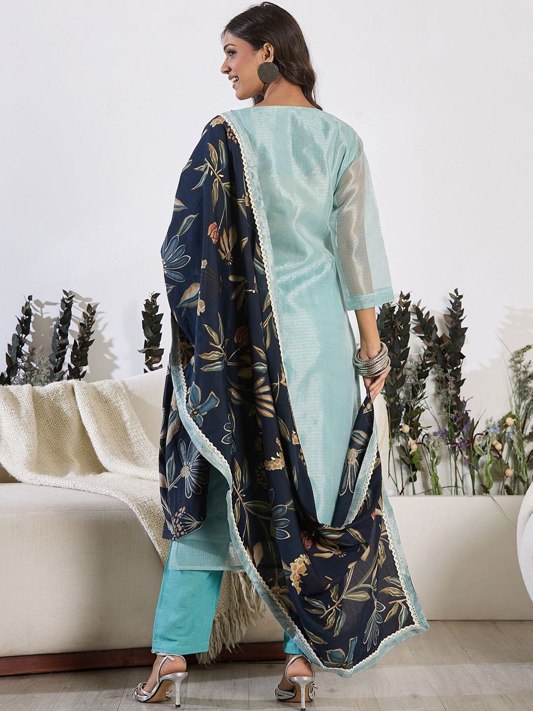 Indyancart IE Floral Embroidered Thread Work Pure Cotton Kurta with Trouser & Dupatta