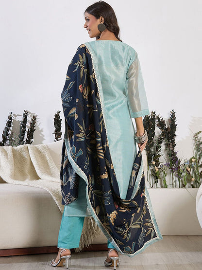 Indyancart IE Floral Embroidered Thread Work Pure Cotton Kurta with Trouser & Dupatta