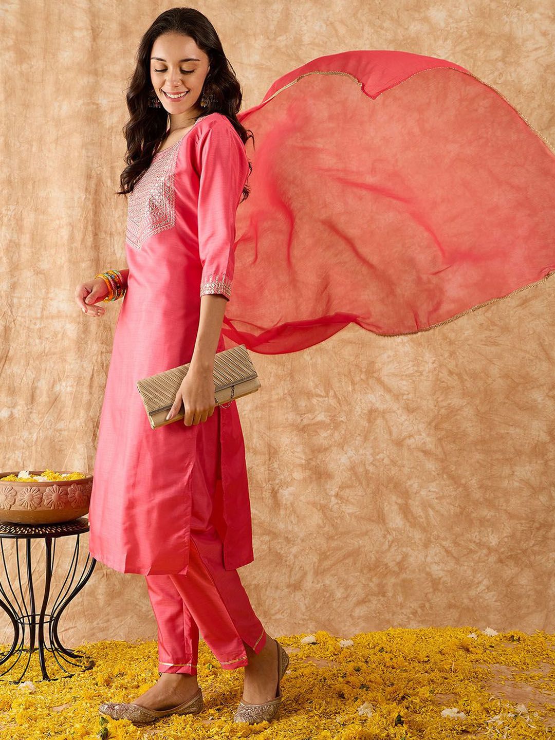Dhiyona IE Floral Yoke Design Straight Sequinned Kurta with Trousers & Dupatta