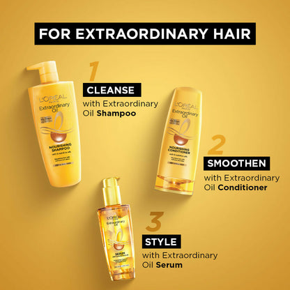 L'Oreal Paris Extraordinary Oil hair combo with bottles of nourishing hair oils for shiny, frizz-free hair.
