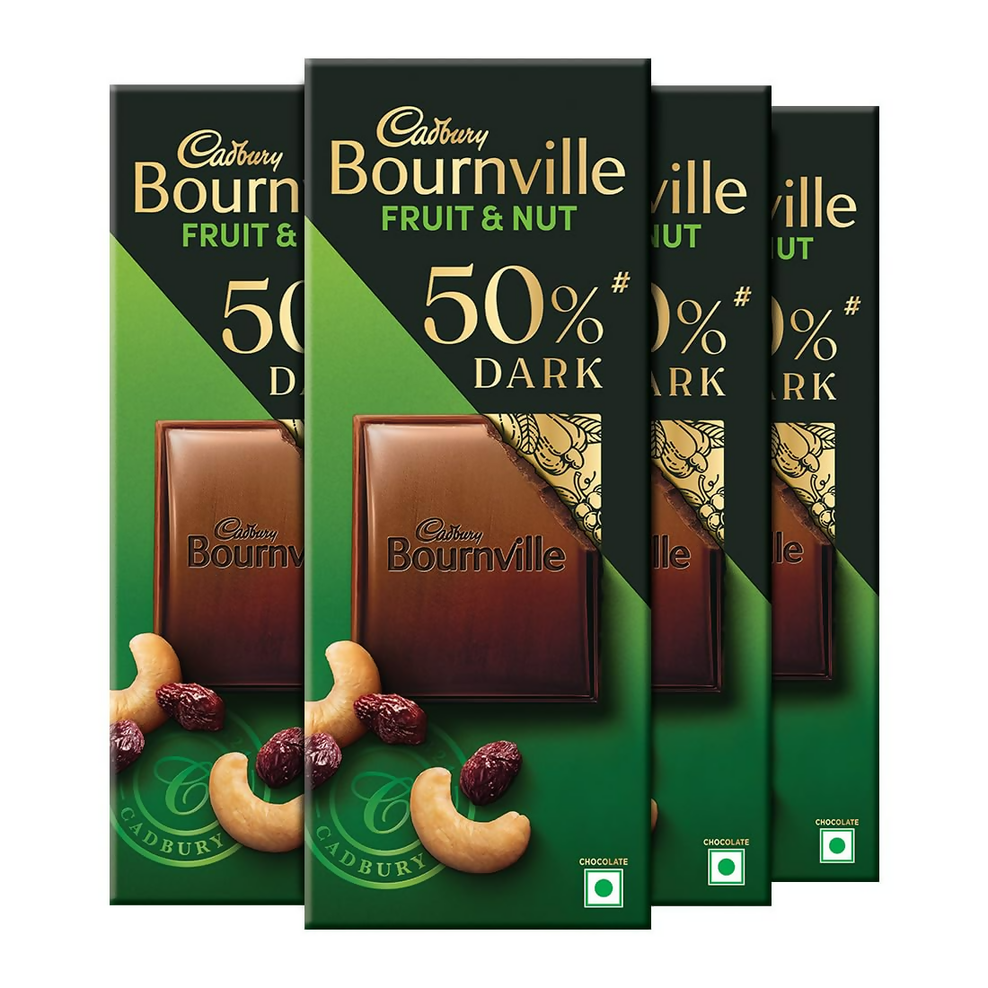 Cadbury Bournville Fruit and Nut dark chocolate bar with visible pieces of nuts and dried fruit in the rich dark chocolate.