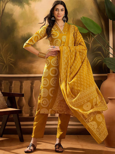 Indyancart SN Women's Bandhani Printed Pure Cotton Straight Kurta With Trousers & Dupatta Set