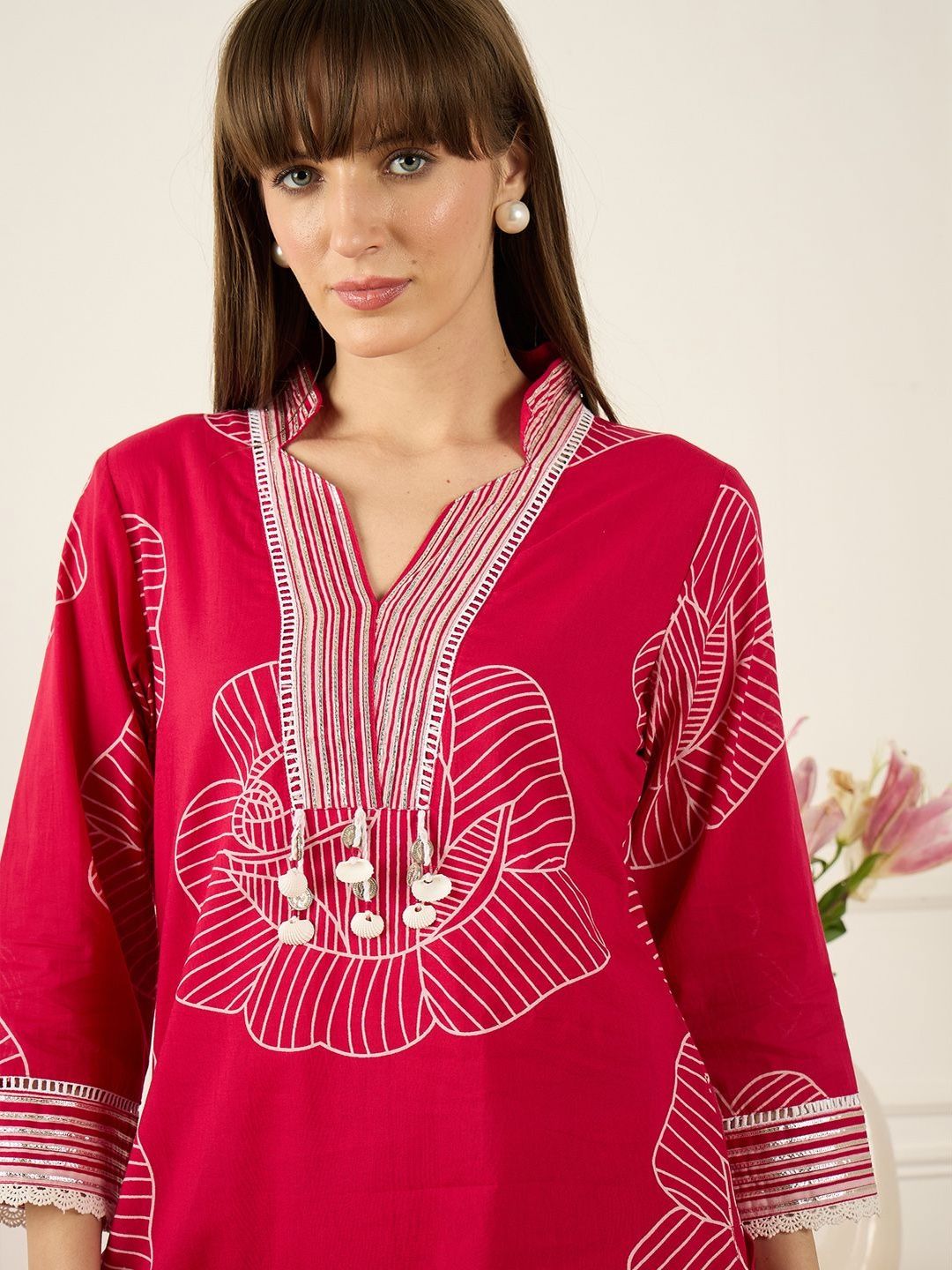 Floral Printed Thread Work Pure Cotton Kurta With Palazzos