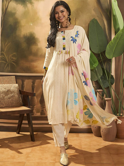 Indyancart SN Women's Floral Embroidered Pure Cotton Straight Kurta With Trousers & Dupatta
