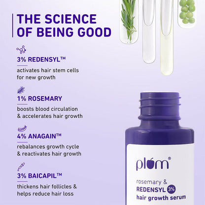 Plum Rosemary & 3% Redensyl Hair Growth Serum bottle with dropper for nourishing hair care.