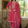 Dhiyona IE Embroidered Notch A-Line Kurta With Trousers & Dupatta
