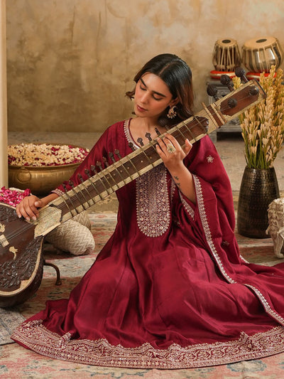 Dhiyona IE Floral Yoke Design Round Neck Zari Anarkali Kurta & Trousers With Dupatta