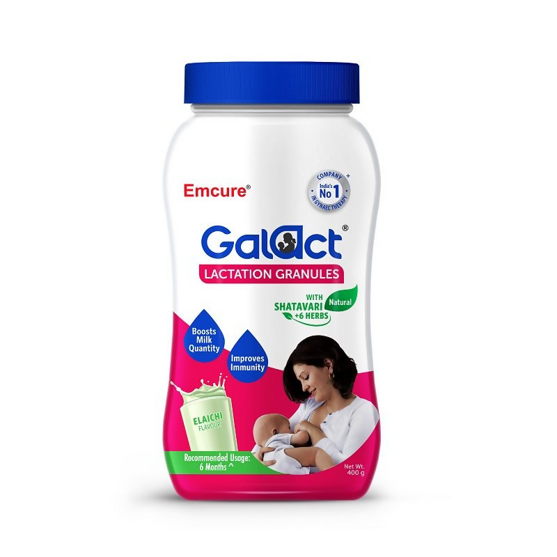 Ayurvedic Galact Granules by Emcure Pharma with elaichi flavor and Shatavari, featuring a clear container of lactation supplement granules.