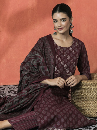 Indyancart SN Women's Floral Printed Gotta Patti Pure Cotton Straight Kurta With Trouser And Dupatta