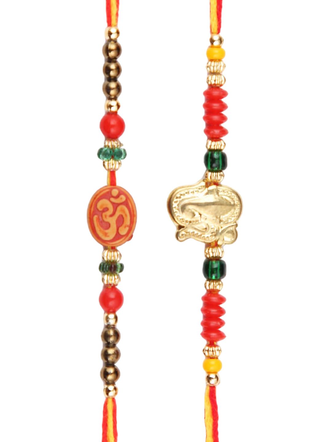 Anouk Set Of 2 Red Om & Lord Ganesh Beaded Rakhi With Roli Rice & Greeting Card