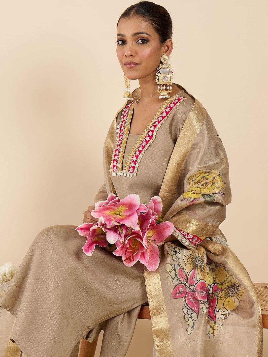 Women Floral Panelled Thread Work Raw Silk Kurta with Trousers & With Dupatta