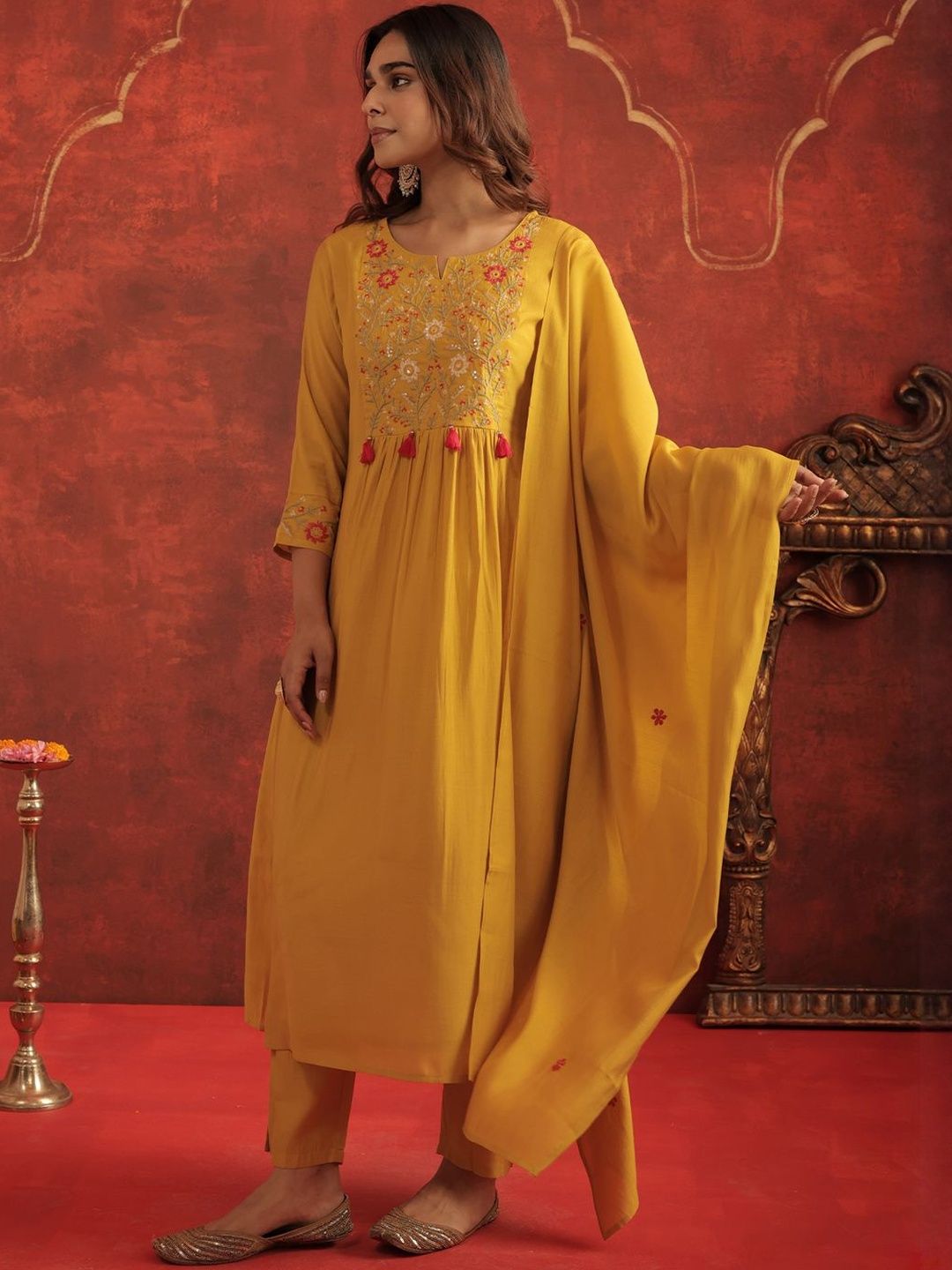 Women Floral Embroidered A-Line Kurta with Trousers & Dupatta
